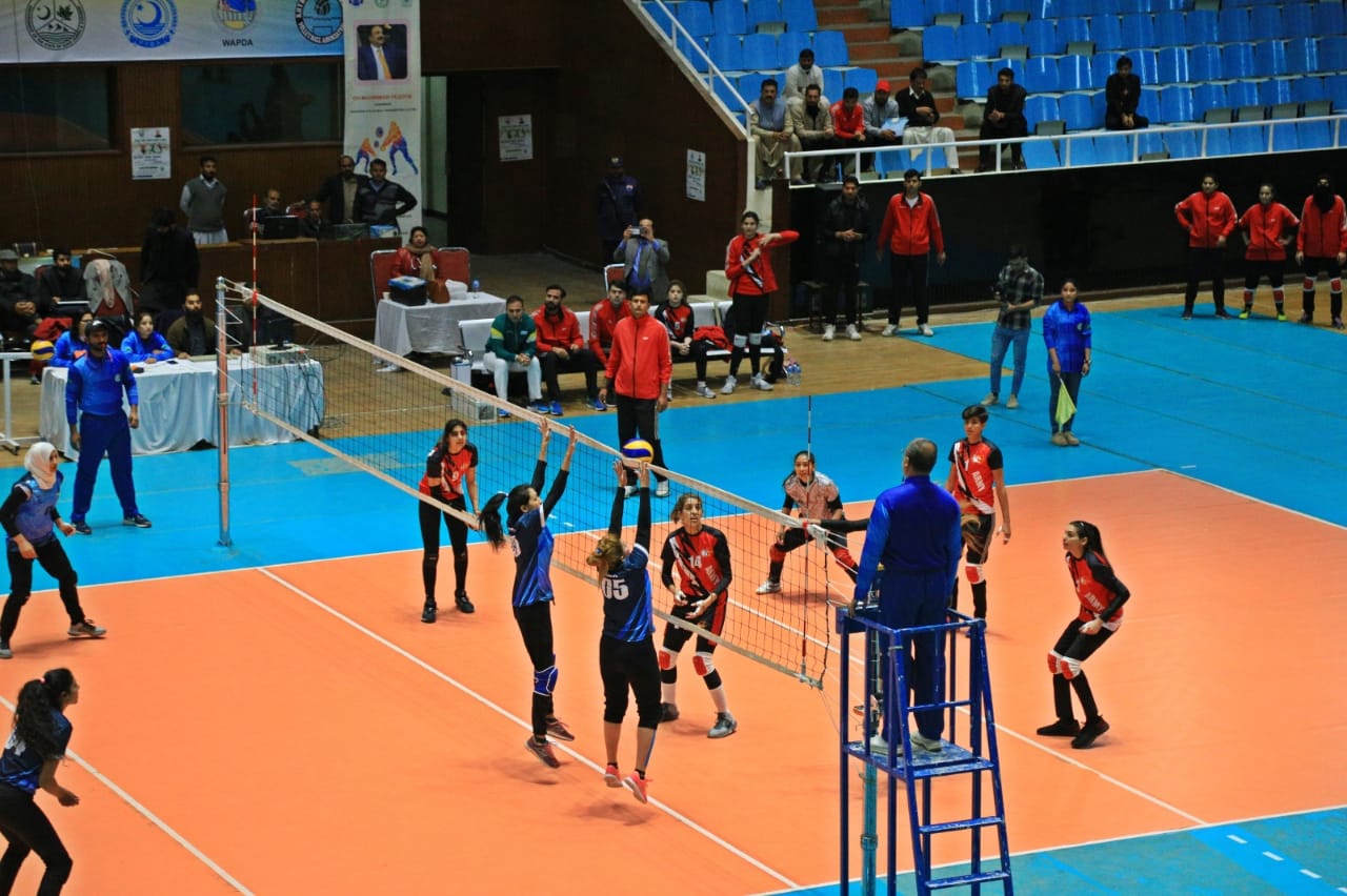 Pakistan WAPDA and Army team players playing in the final of the National Women's Volleyball Championship. Special Assistant to Prime Minister Shaza Fatima Khawaja attended the National Women's Volleyball Championship as Chief Guest which was won by Pakistan WAPDA. 